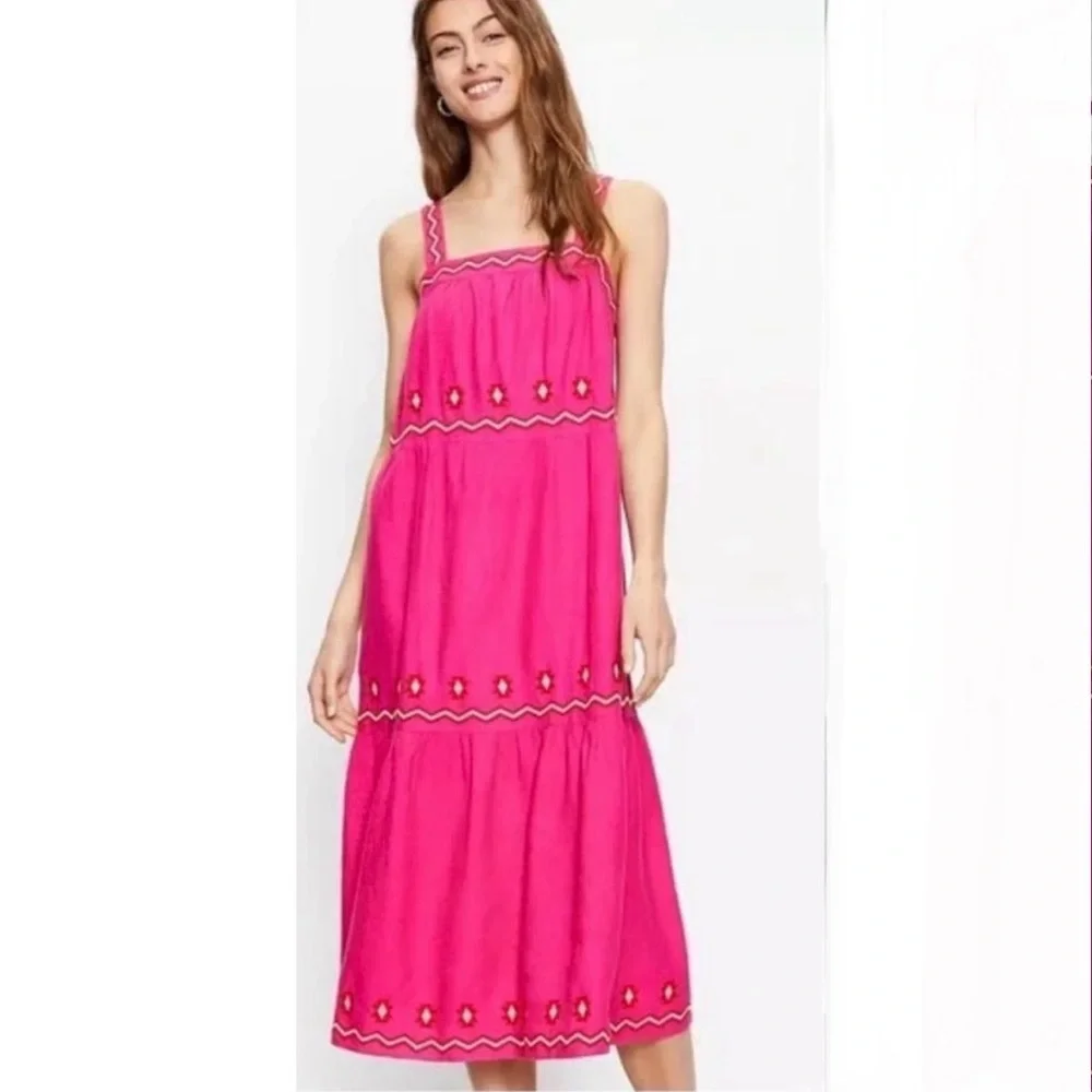 Loft Embroidered Linen blend Boho tiered bright Pink Midi Dress, size small